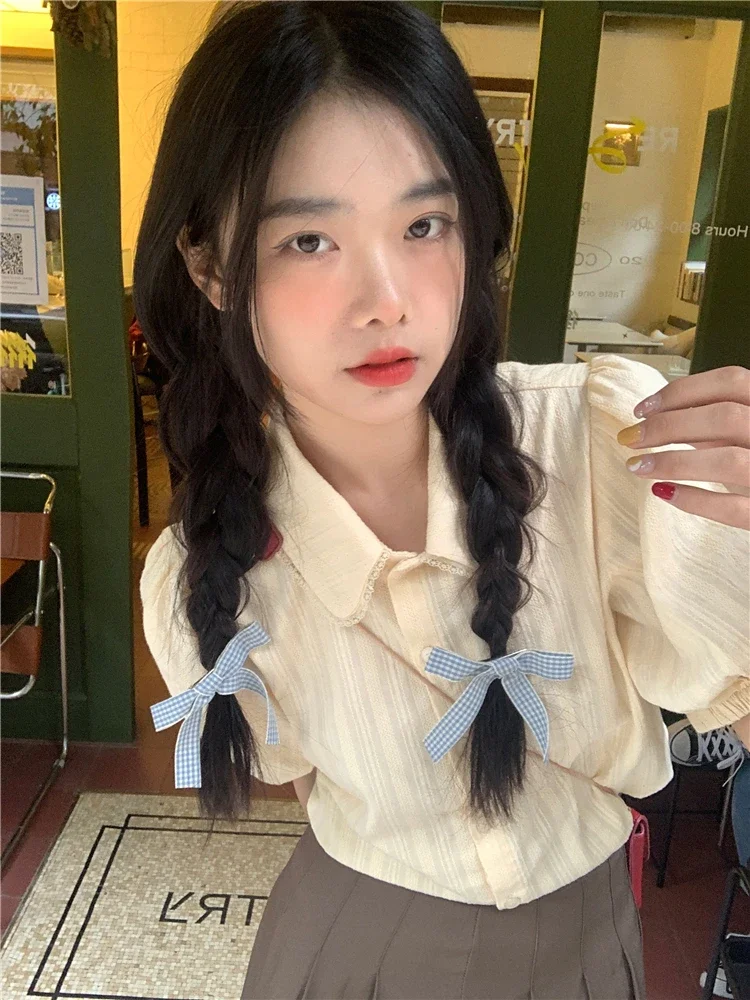

Apricot Blouse for Women Patchwork Lace Single Breasted Loose Blusas De Mujer Sweet Button Summer Tops Chic Temperament Blouses