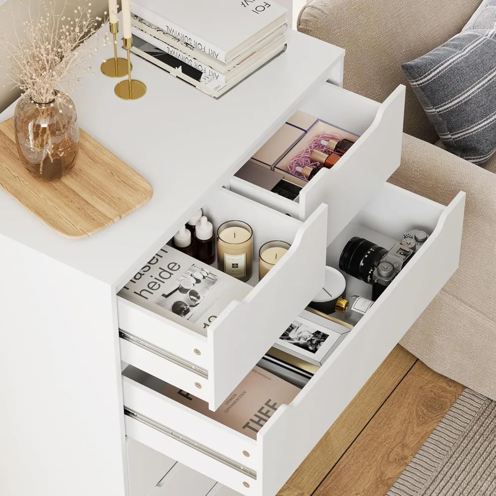 Modern 6 Drawer Dresser, Tall Storage Chest with Cut-Out Handles, Classic White for Bedroom & Living Room