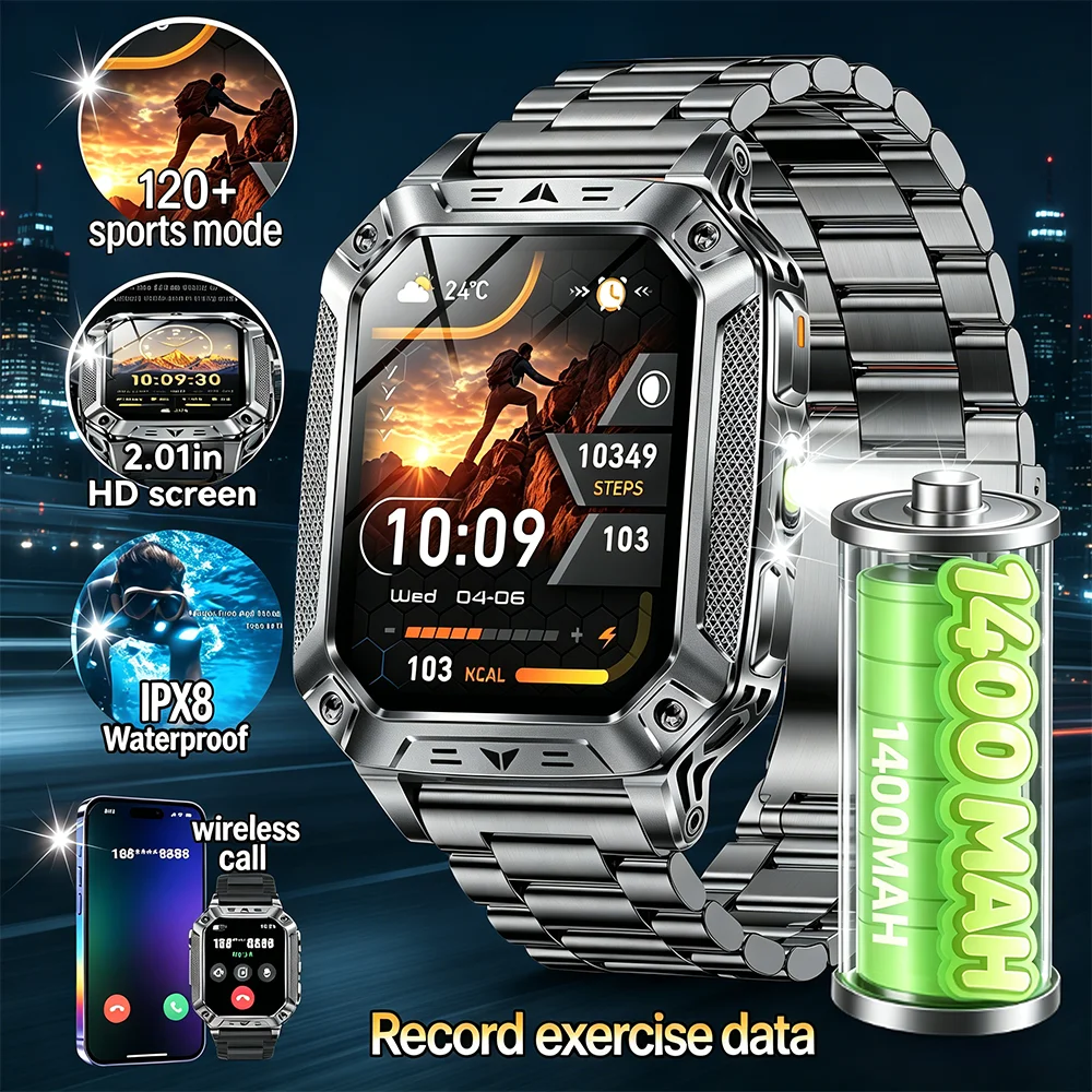 2026 New 1400mAh Big Battery Smart Watch Men Outdoor GPS Flashlight 10ATM Waterproof Bluetooth Call AMOLED HD Sports Smartwatc 1