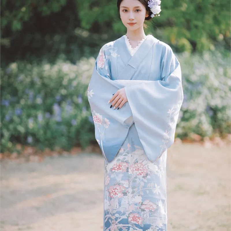 Japanese Style Retro Dress Cloudy Blue Kimono