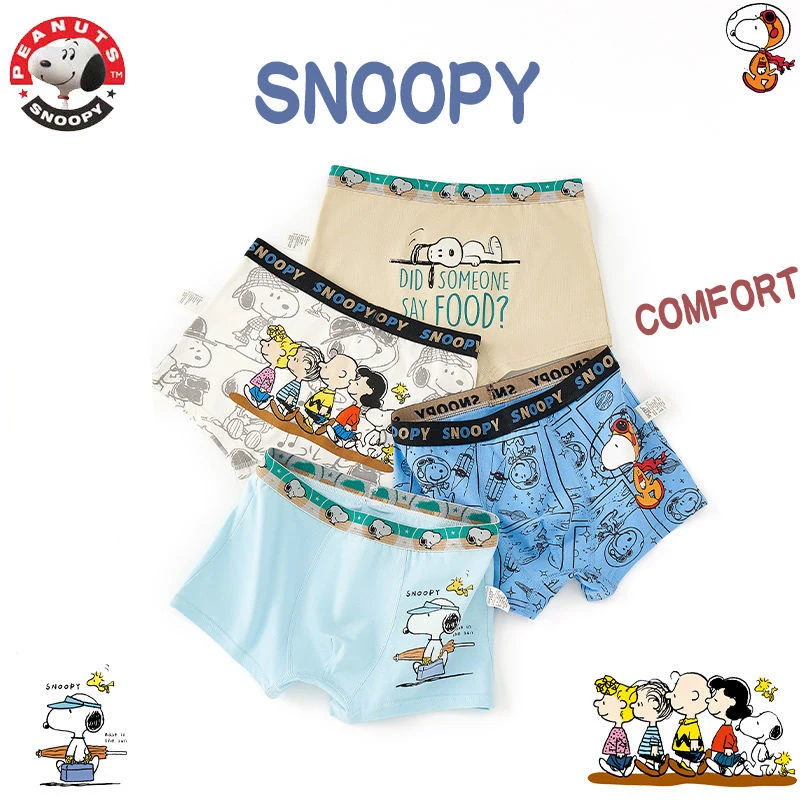 

4Pcs/bag Snoopy Genuine Boys Underwear Kawaii Cartoon Kids Boxer Shorts Cotton Student Antibacterial Crotch Clothes Man Gifts
