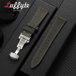 Men's Vintage Crazy Horse Leather Watch Band with Butterfly Buckle - 22mm (Grey)