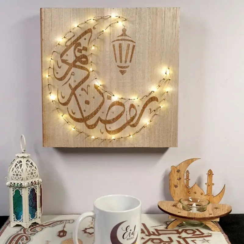 

DIY Wood Eid Mubarak Moon LED Light String Wooden Plaque Hanging Pendant Ramadan Handicraft Wall Decoration for Home Islam Musl