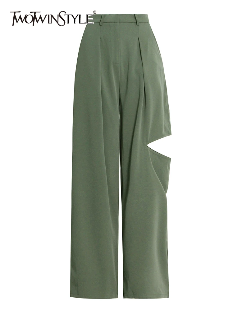 

TWOTWINSTYLE Hollow Out Minimalist Wide Leg Pants Female High Waist Patchwork Zipper Casual Trousers For Women Autumn Clothes