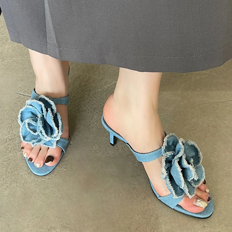 Summer Peep Toe Stiletto Denim Flower Women Slippers Thin High Heels Slip On Slides Fashion Hollow Sandals Shoes For Women Pumps