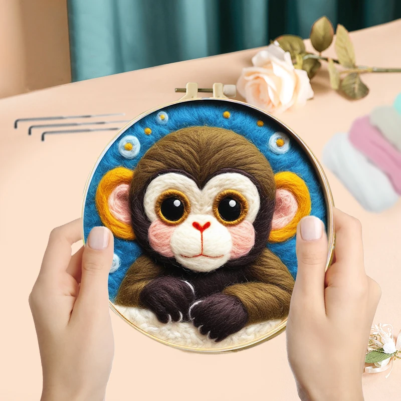 DIY Wool Needle Felting Embroidery Pandas Monkeys Bees Felt Material Bag Home Decors Crafts Animal Painting Frame Kit GATYZTORY