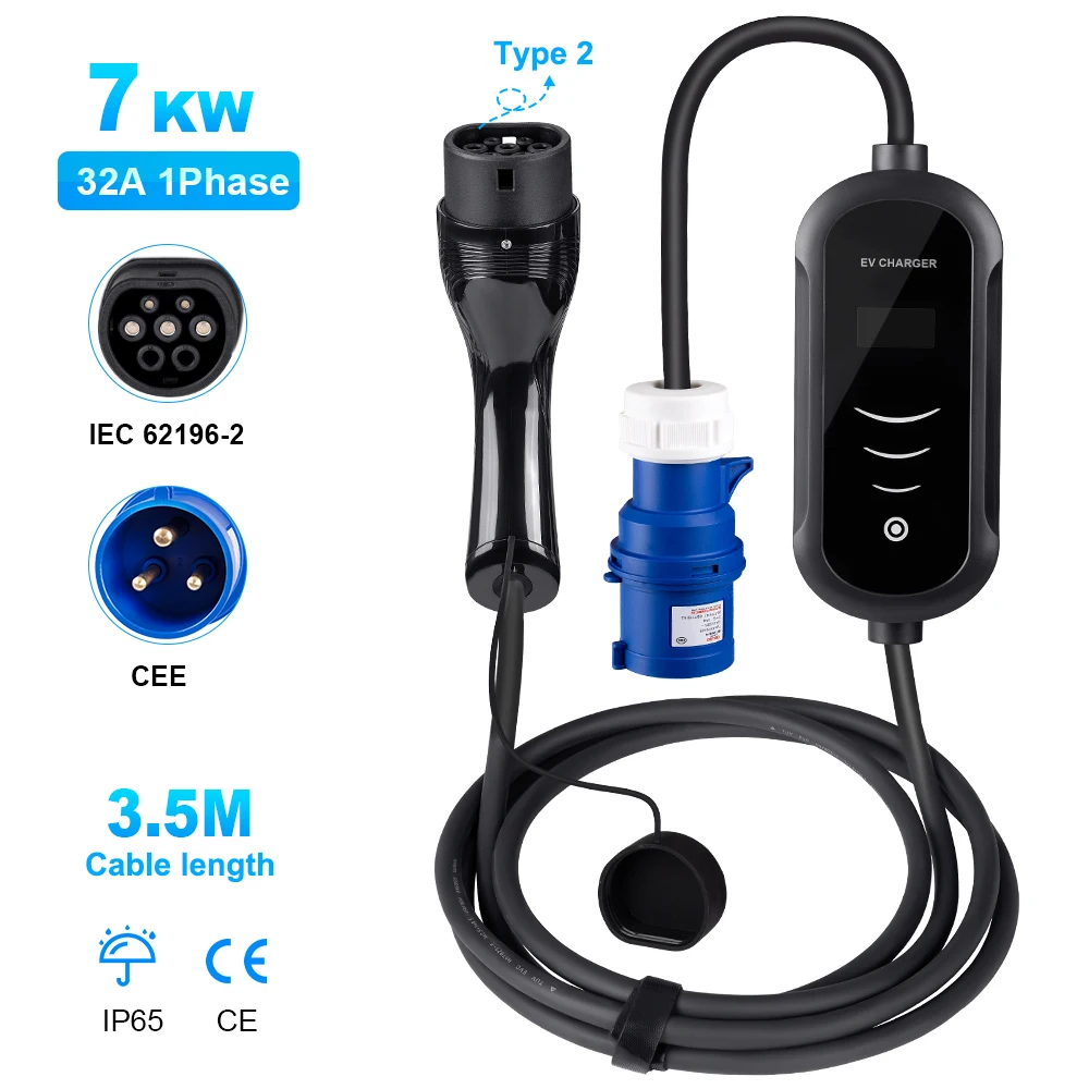 

Portable EV Charger 7KW 32A GBT Type1 Type2 EVSE Charging Box Electric Car Charger 3.5M US EU CEE Plug Vehicle Fast Charger