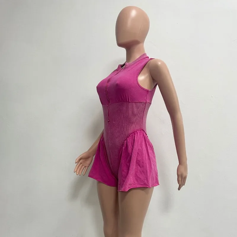 2024 Summer Solid Patchwork Ribbed Slim Casual One Piece Rompers Women O-neck Sleeveless Zipper Streetwear Wide Leg Playsuits