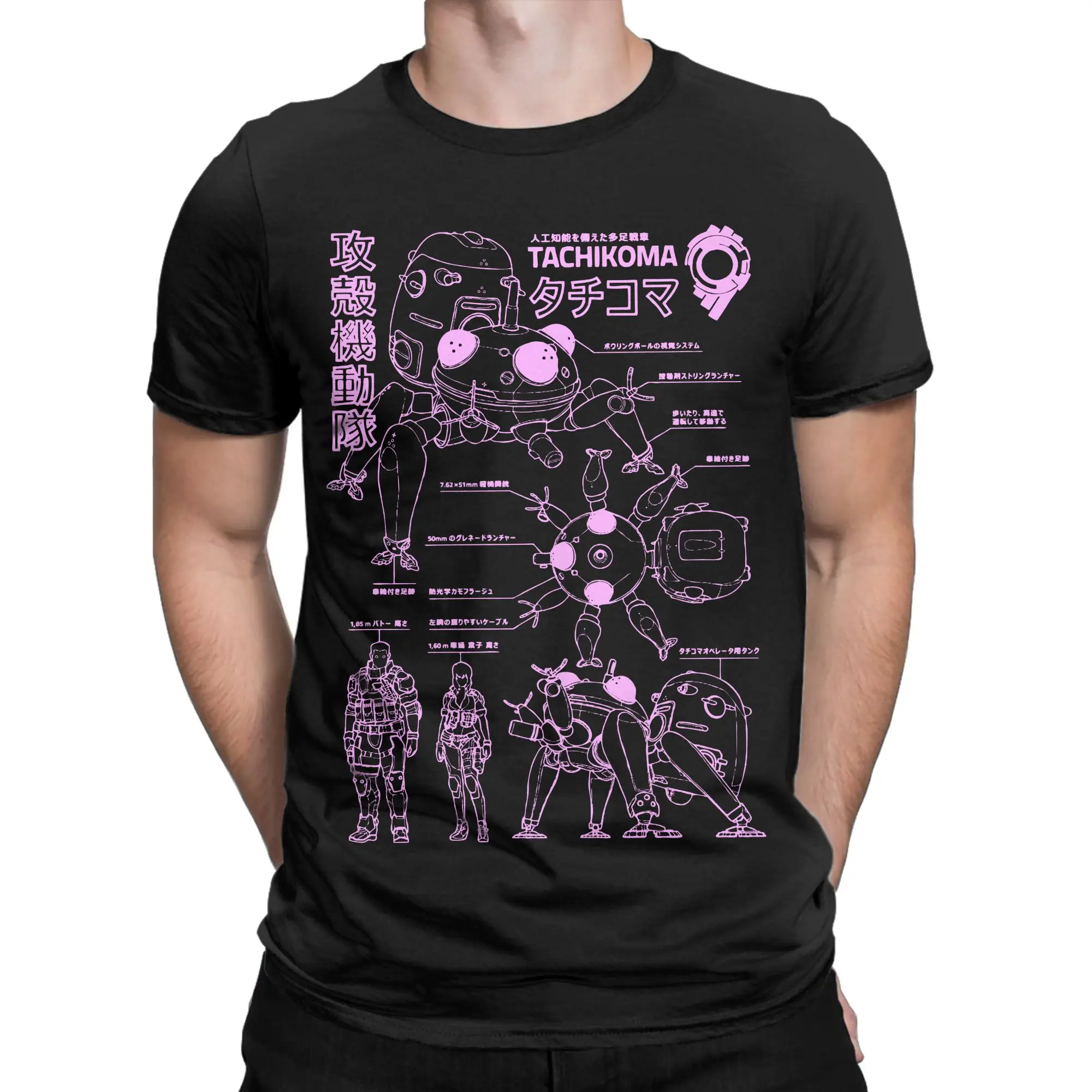 Herren-T-Shirts Ghost in the Shell Tachikoma Blueprint T-Shirt aus 100 % Baumwolle, kurzärmelig, Anime-T-Shirts, O-Ausschnitt, Oberteile, Geschenkidee