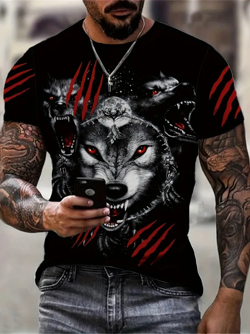 2024 Fashion Design Men's T-shirt Casual Wolf Pattern 3D Digital Print Short Sleeve Summer Casual Men's Retro Street Top