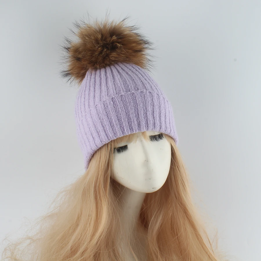 NEUE Echt Waschbären Pelz Pom Pom Hüte Für Frauen Warme Gestreifte Gestrickte Hut Winter Mädchen Fuchs Ball Beanies Skullies Outdoor Weibliche Kappe – Detail 11