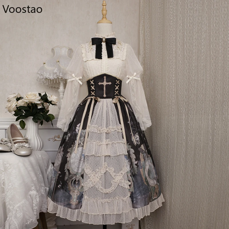 Lolita Dress Victorian Vintage Gothic Women Elegant Chic Lace Mesh Bow Shirts Butterfly Print Skirt Suit Sweet Princess Set