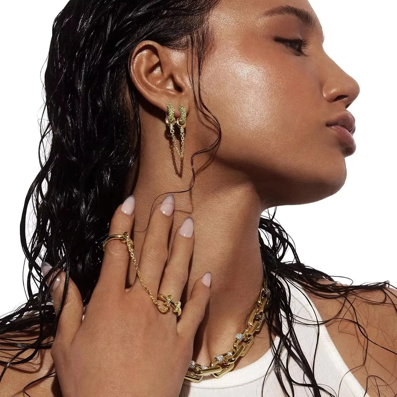 Retro Waterproof 18K Gold Plated Long Chain Zircon Hoop Earrings Two-tone Gold&silver Color PVD Round Tube O-Shaped Ear Jewelry