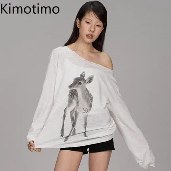Kimotimo Summer Print Off Shoulder Long Sleeve T-shirt Women 2026 New Casual Transparent Loose Lazy Top Kpop Fashion Y2k Tees 1