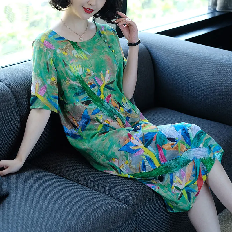 

Casual Dress Female 2023 Early Spring New Three Quarter Sleeve Imitation Silk Dress O Neck Women Printed Long Dress Female Tops