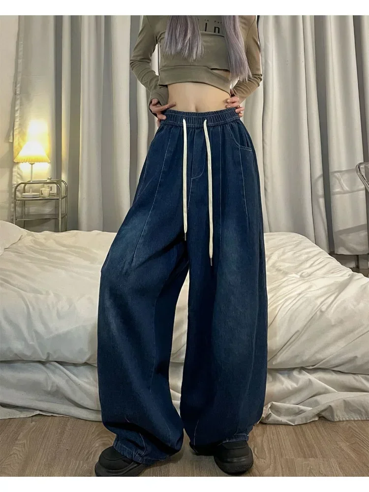Elastic Waist Jeans Women Oversized Trouser Denim Wide Leg  Streetwear Straight Basic Pants Autumn Lady Jeans Drop Shipping