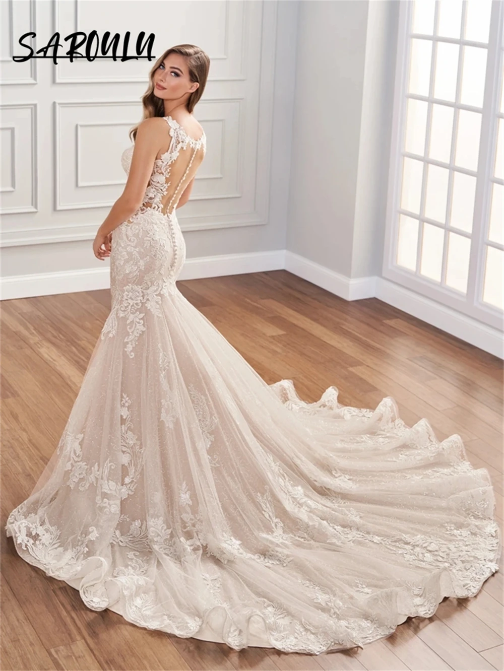 Nude Lining Mermaid Wedding Dresses For Women Spaghetti Straps Lace Appliques Court Train Bridal Gown Robe De Mariee 2