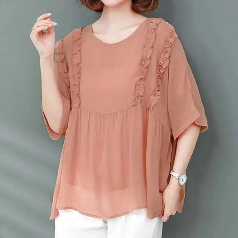 

Elegant O-Neck Spliced Solid Color Ruffles Chiffon Blouse Women Clothing 2023 Summer Oversized Casual Tops Loose Korean Shirt