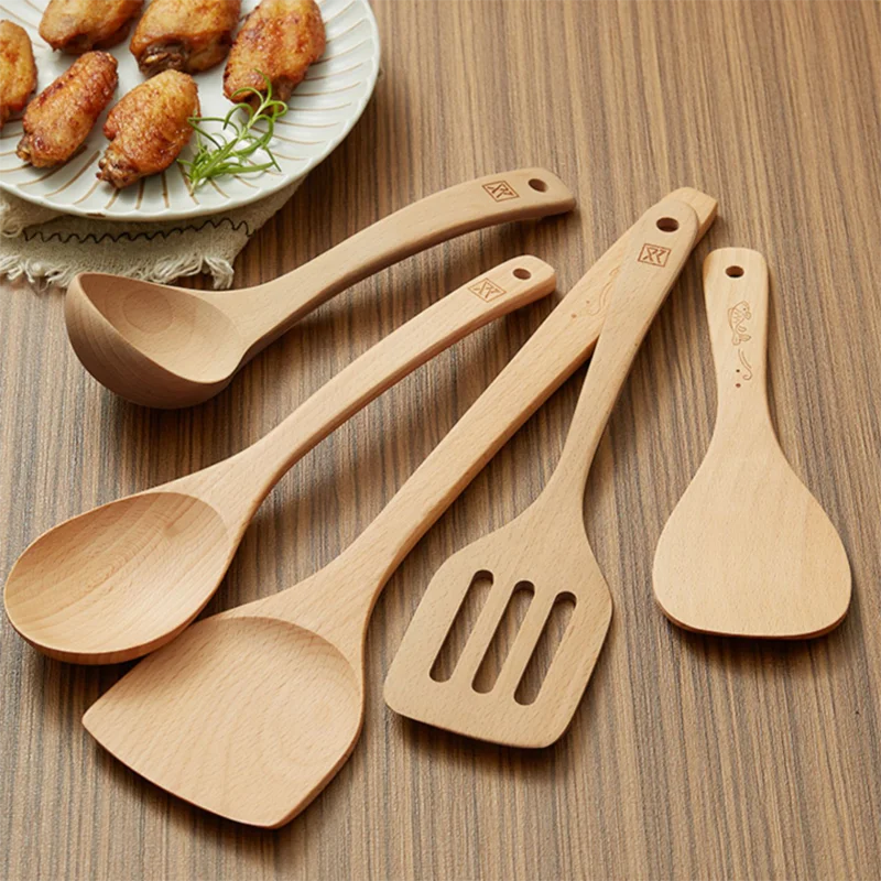 1PC/1 set Stir-frying Wood Spatula Pure Natural Log Soup Spoon Non-stick Special Wooden Spatula