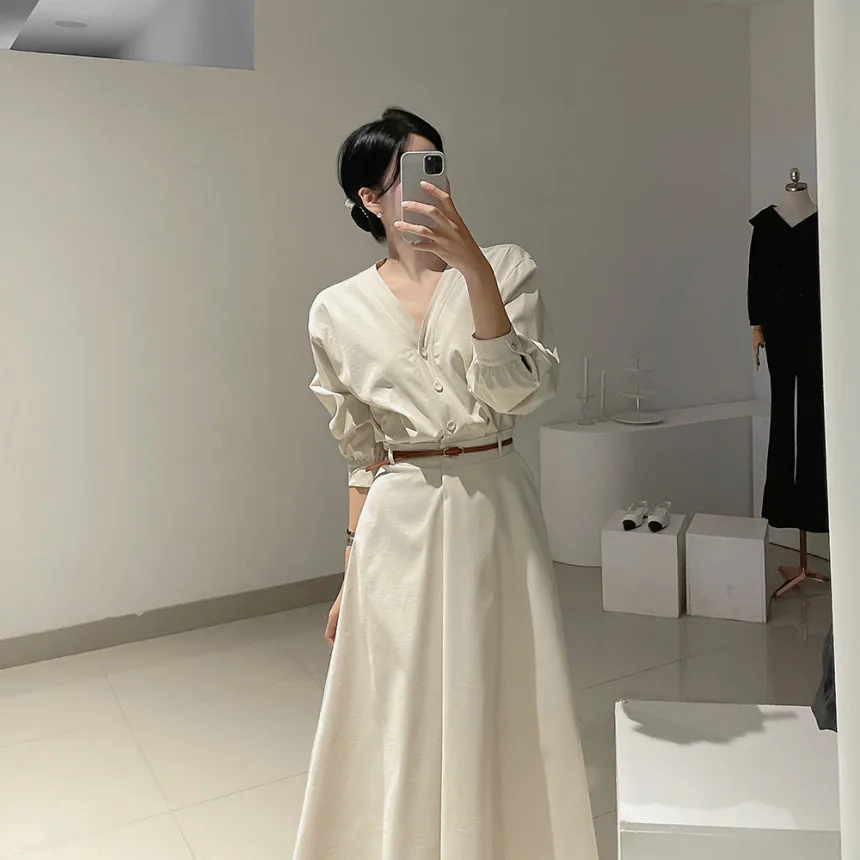 Korean Fashion V-neck Midi Dresses for Women with Belt Long Sleeve A-line Office Lady Autumn New Elegant Solid Female Clothing