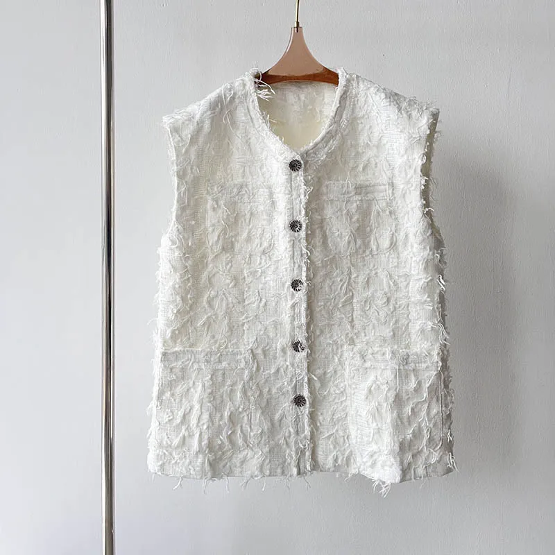 

Fashion High End Women' Clothes Tweed Vest Coat French Elegant Sleeveless Round Collar Single-breasted Coats Spring Summer 24