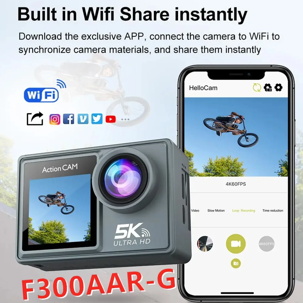 5K Action Camera Pro WiFi Remote Control Sport Camera with EIS HD 1080P 60FPS Bicycle Motorcycles Helmet Video Recording Cameras