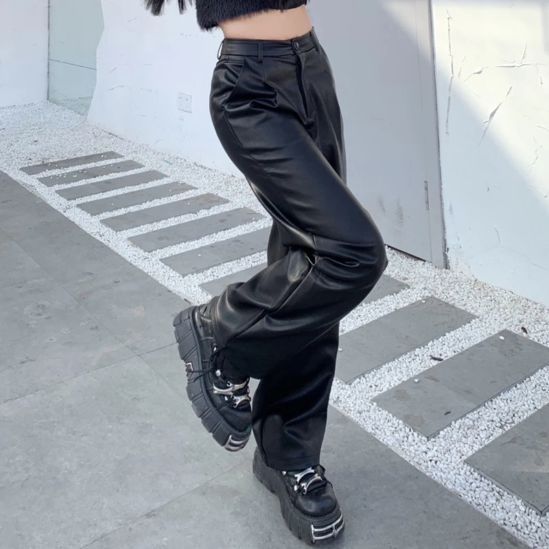 Black Leather Pants Women New Straight PU Baggy Trousers Streetwear High Waist Wide Leg Pants Spring Summer