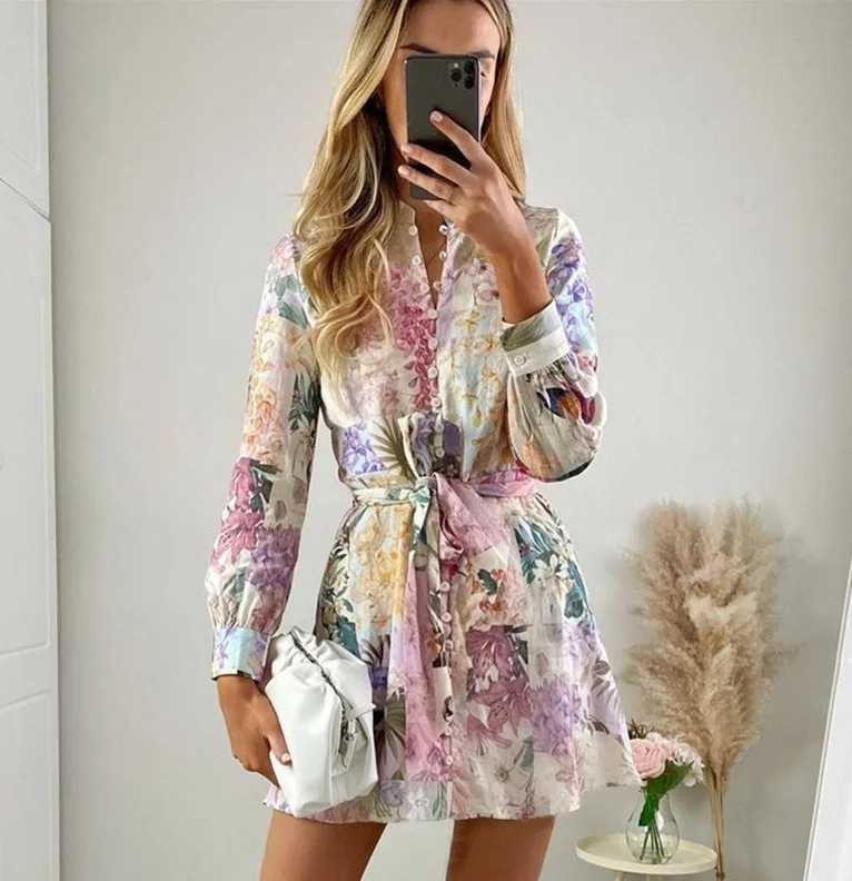 

AYUALIN Beach Wear High Waist Loose Vestidos Boho Floral Print Summer Dress for Women Vintage O-neck Long Sleeve Dresses 2022