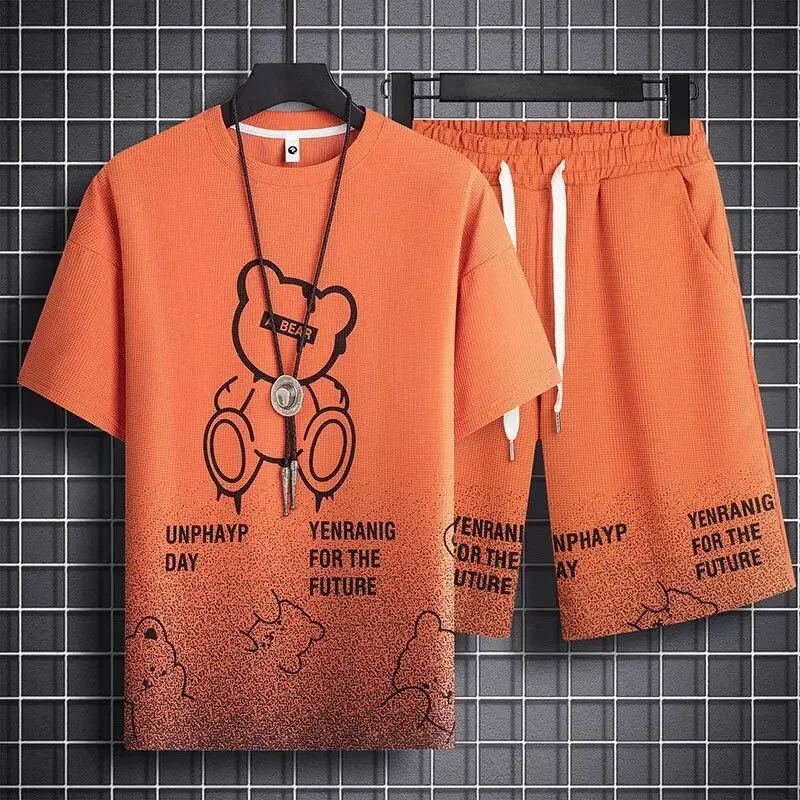 thumbnail image 1 of Conjunto de chándal y pantalones cortos para hombre, chándal con capucha y estampado de gofres en negro, dos piezas, camiseta y pantalones cortos, estilo coreano 2024, atuendo elegante, 1 of 5