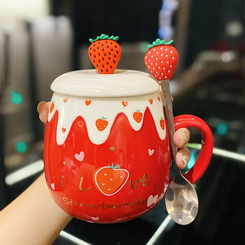 

Cute Strawberry Ceramic Drinking Cup with Lid Spoon Household Large Capacity Mug Breakfast Cup Coffee Cup Creative Gifts Milk