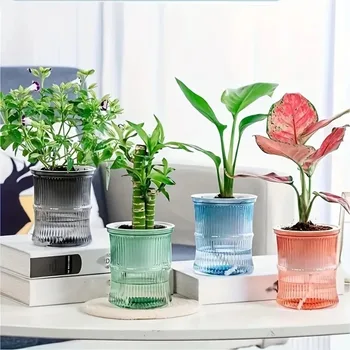 Pot de fleur hydroponique paresseux, Pot de fleurs automatique absorbant l'eau, Transparent, Double couche en plastique, jardinière auto-arrosage pour le bureau 1