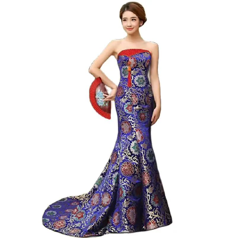 Traditional Chinese Clothing Wedding Party Cheongsam Long Style Women Charming Sexy Qipao Blue And Red Gown Oriental Costume