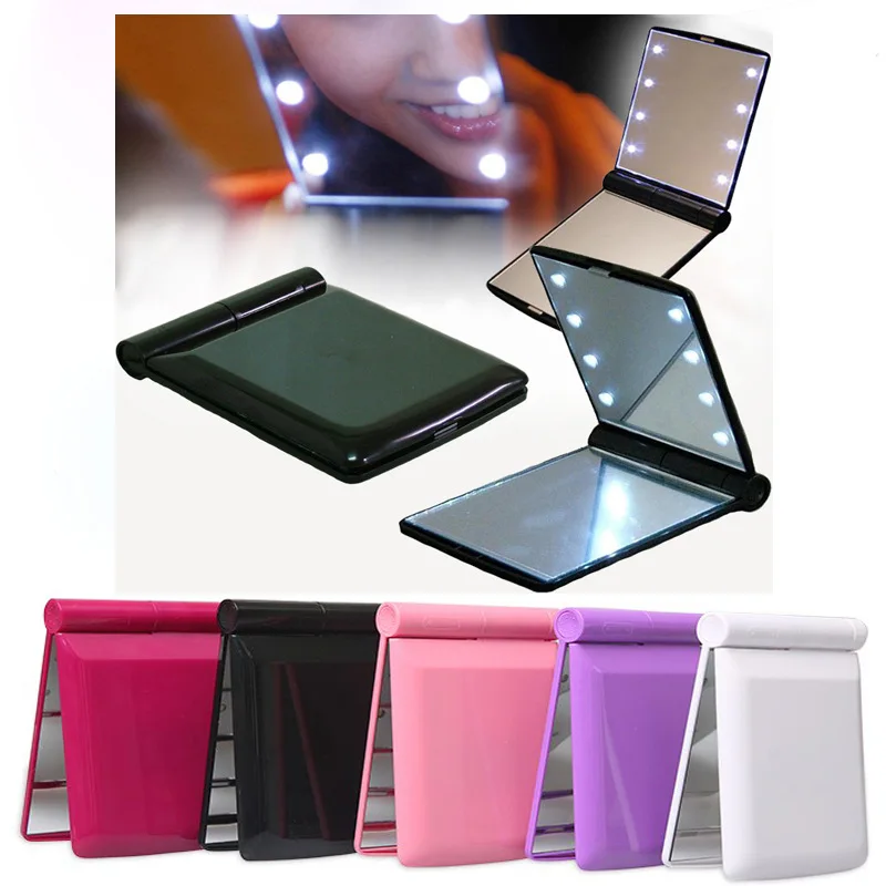 8 Led Makeup Mirror With Light Square Foldable Portable Pocket Vanity Mirror Travel Pink Black White Foldable Cosmetic Mirrors