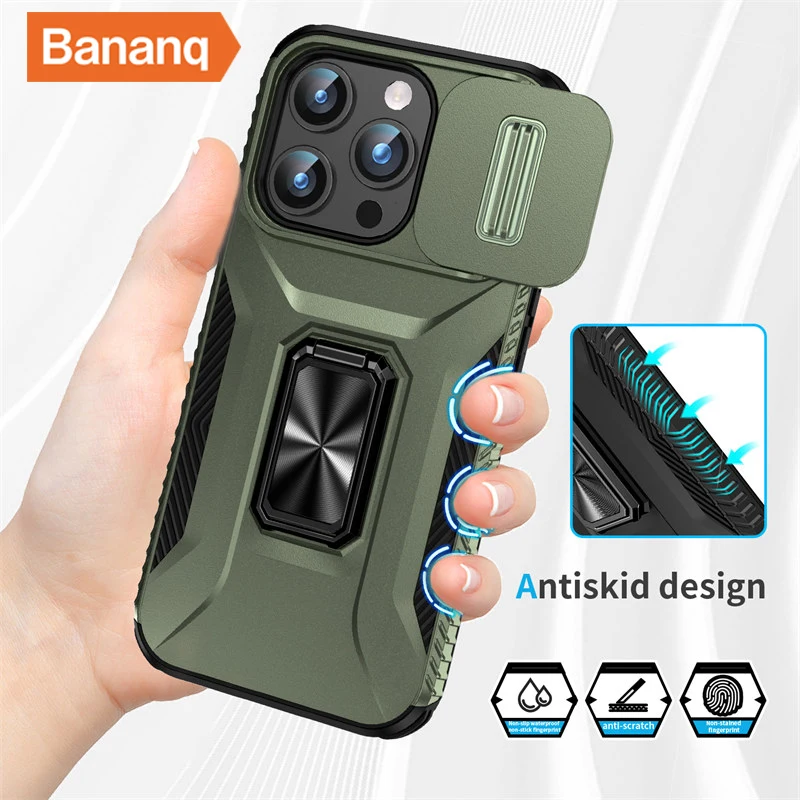 Bananq Slide Push Window Camera Back Case For iPhone 15 14 Plus 13 12 Mini 11 Pro Max Shockproof Magnetic Ring Stand_voghion.com