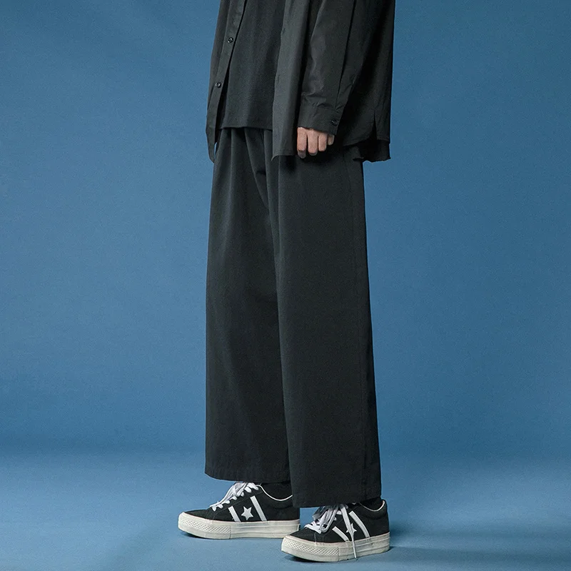 Casual Pant Men Cotton Baggy Wide Leg Pants Ankle Length Elastic Waist Loose Straight Trousers Men