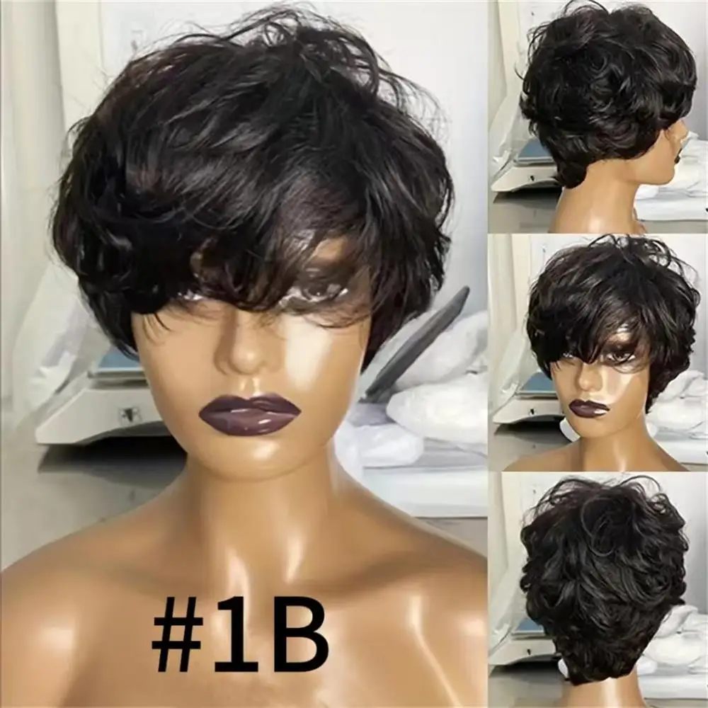Human Hair Wigs for Women 6 Inch Short Wavy Pixie Cut 180% Density