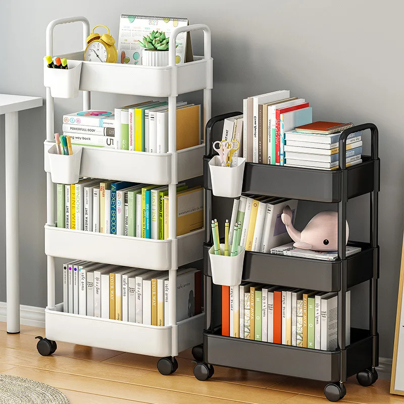 2-Tiers-Bookshelf-Movable-Cart-With-Wheels-Desk-Storage-Shelf-Movable ...