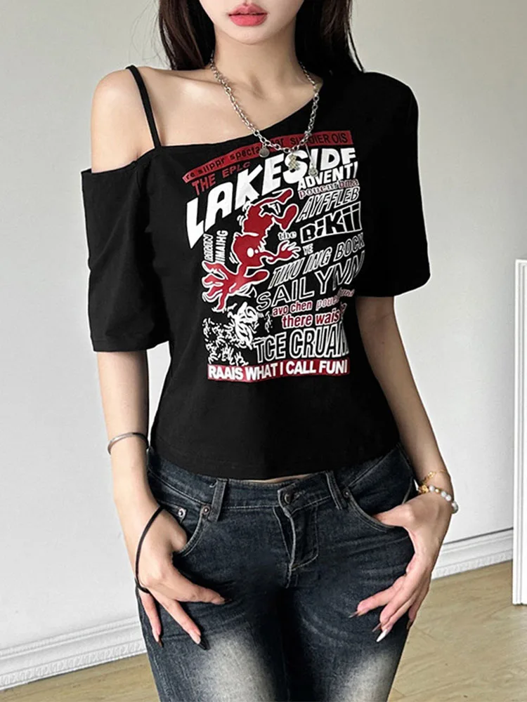 Gothic Tee Y2k Letter Print Off Shoulder Punk T-shirts Women