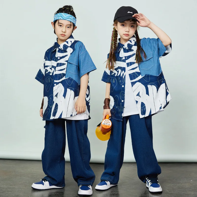 Children costumes boys hip hop costume graffiti jeans shirt loose pants for girls street dance kids jazz clothes children streetwear sets