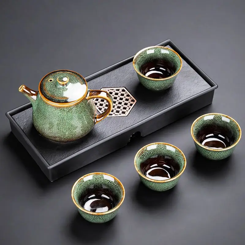 Kung Fu Tea Set with Tray for Office and Home Use, Ceramic Tea Making Utensils for Guests, Teapot Making