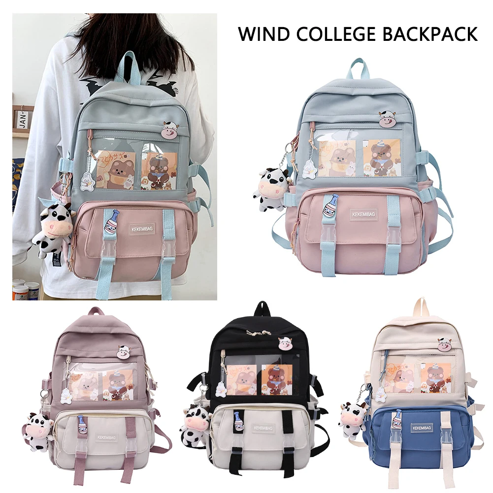 Canvas School Backpack for Women with Pendant Badge and Large Capacity