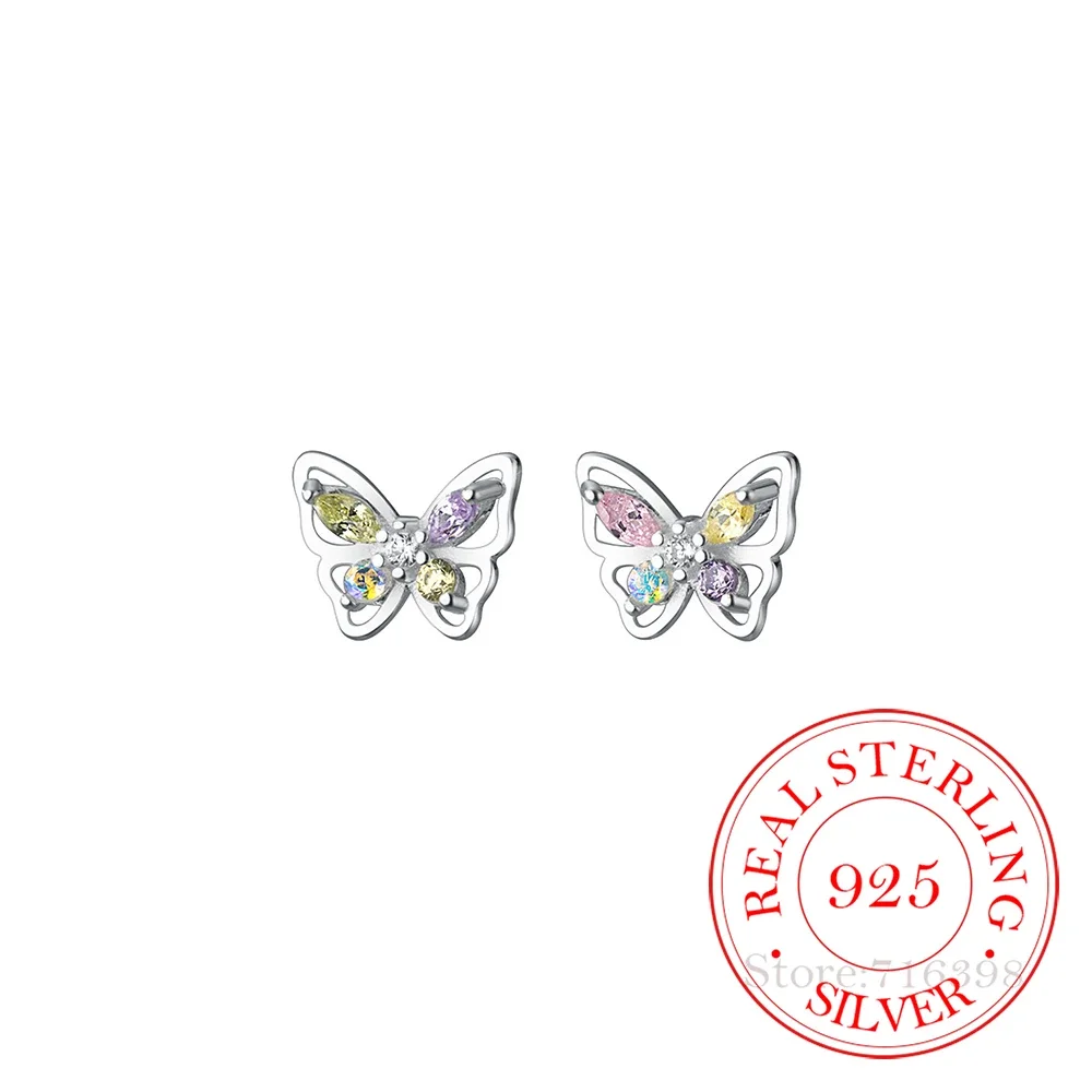 

S925 Sterling Silver Cute Colorful Crystal Butterfly Stud Earrings For Women Kids Wedding Party Jewelry Gift Female Pendientes