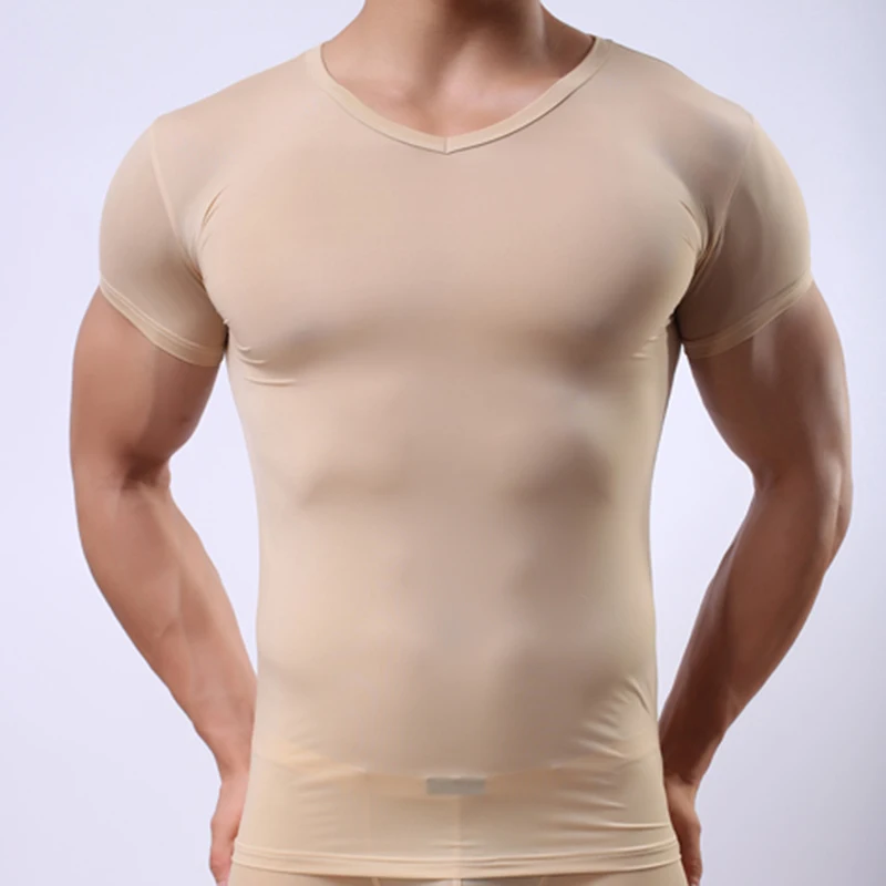Men Undershirt See Through Underwear Gay Sexy Transparent Basic Shirts Ice Silk Ultra-thin V-neck Tops Short Sleeves