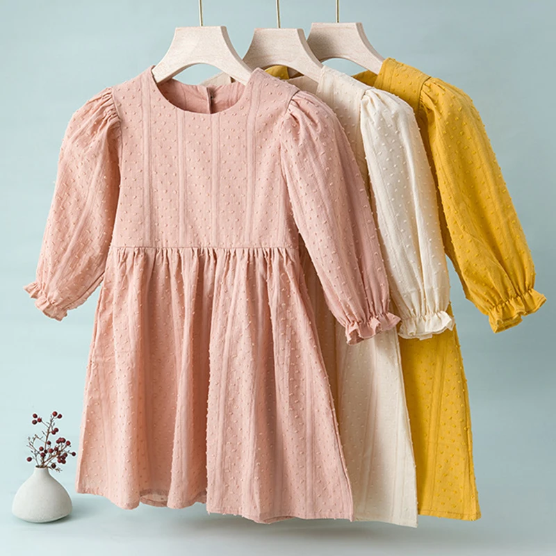 

2023 New Autumn 1-5Yrs Kids Party Dresses Long Sleeved Cotton Solid Color Fashion Casual Children Clothing Baby Girls Dress