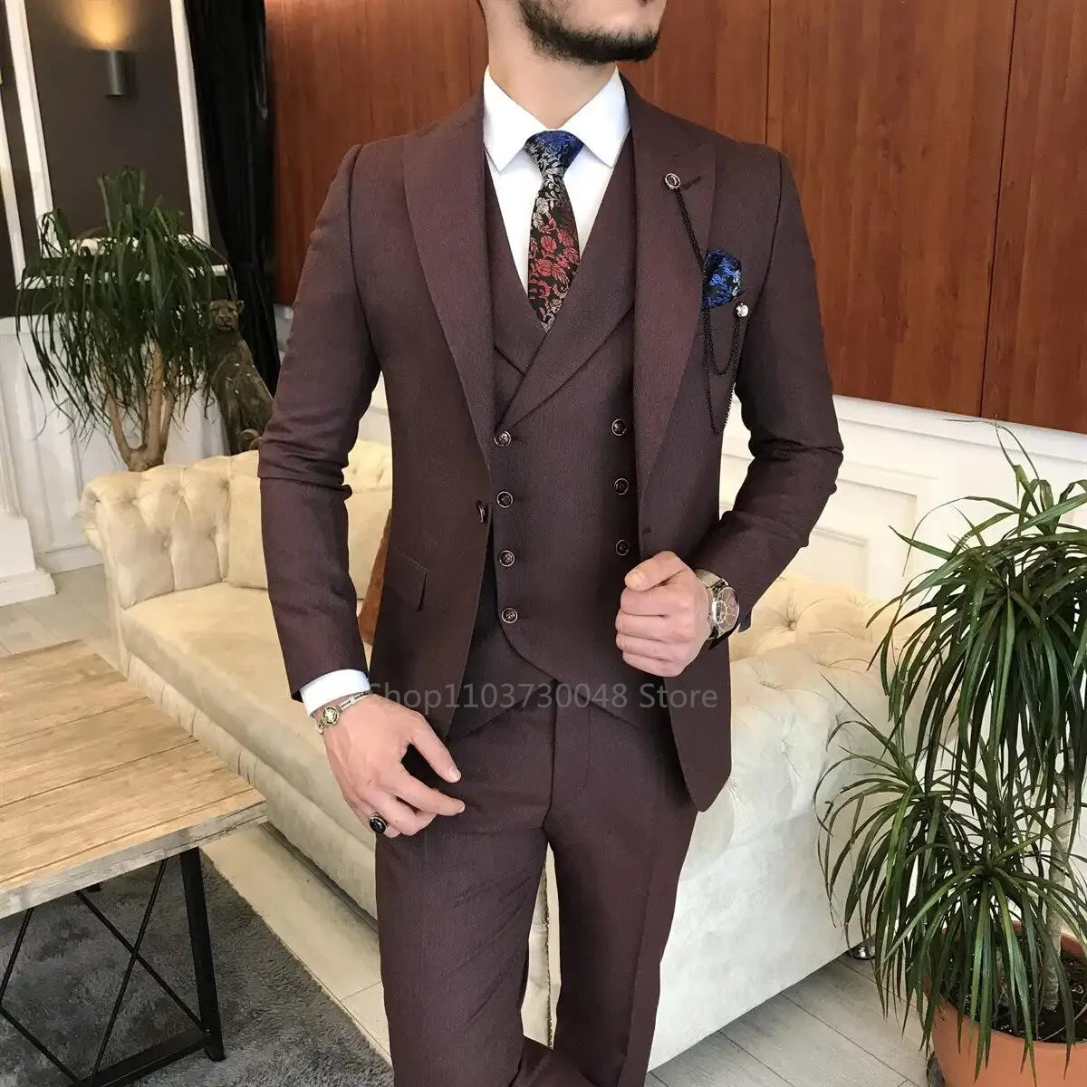 Gray Business Men's Suits Peak Lapel Blazer Formal Double Breasted Vest Wedding Party Tuxedos Male 3Pieces Jacket Vest Pants