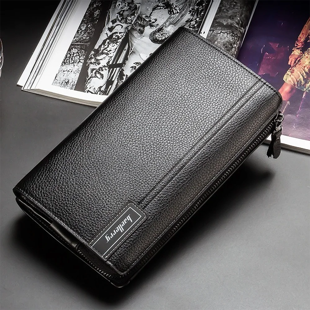 Men's Slim Long Wallet PU Leather RFID Protection Zipper Multi-Card Slots Business Essentials