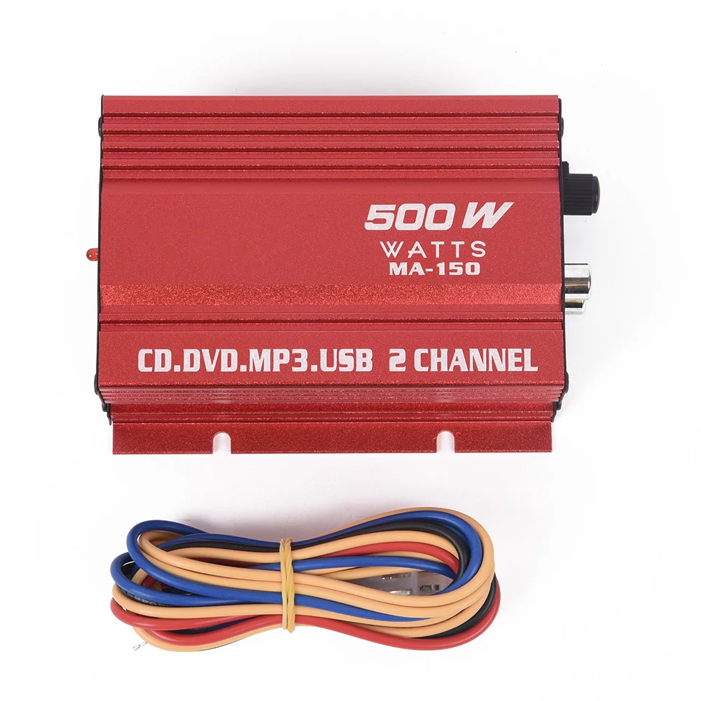 1set Car 12V 500W 2 Channels Mini Hi-Fi Stereo Audio Amp Subwoofer Aluminum Alloy Red L/R Speaker Power LED Indicator