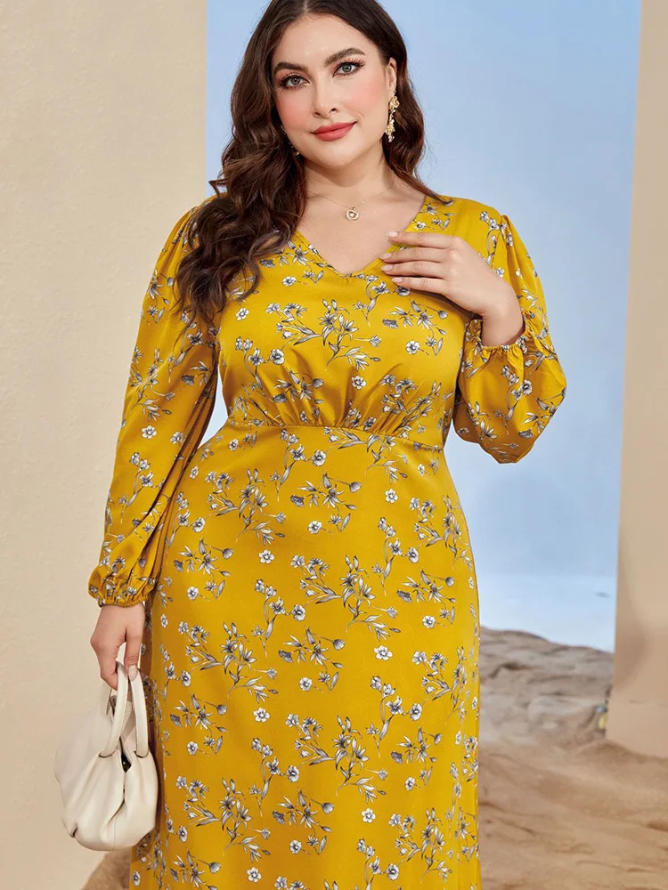 Plus Size Women Elegant Party Evening Maxi Dresses 2023 New Spring Autumn Yellow Long Sleeve Casual Floral Print Formal Clothing
