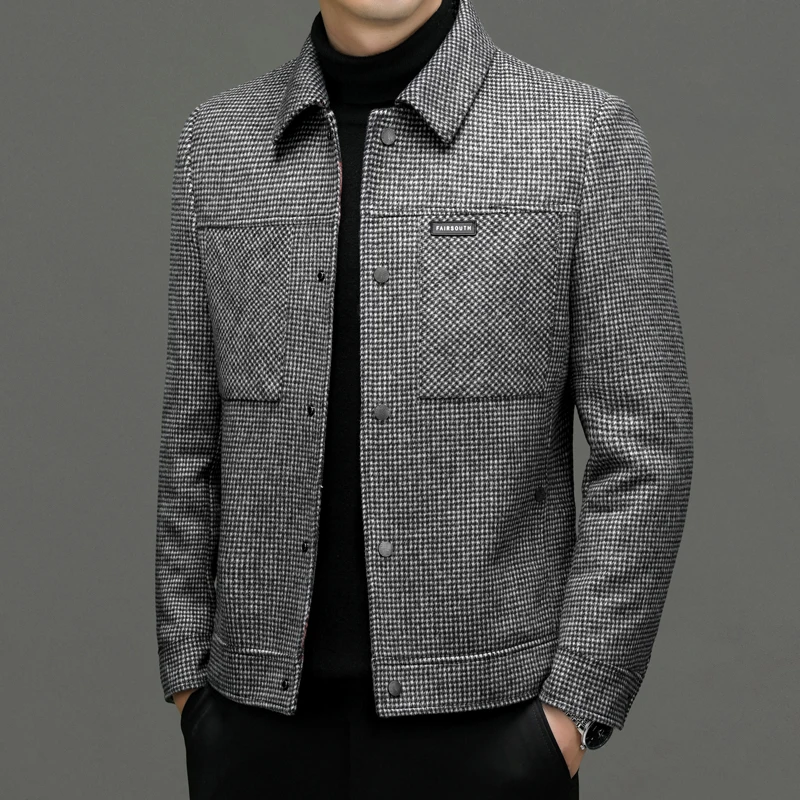 

Classic 2024 Autumn Winter Men's Woolen Coats Business Casual Plaid Wool Jackets Outwear Short Overcoat Grey Checker Windbreaker