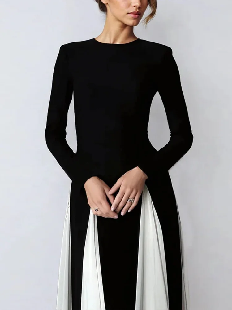 Wmstar 2025 New Women Fashionable Elegant Dress Tight A  Line Large Skirt Hem Long Sleeve Round Neck Dress Color Blocking